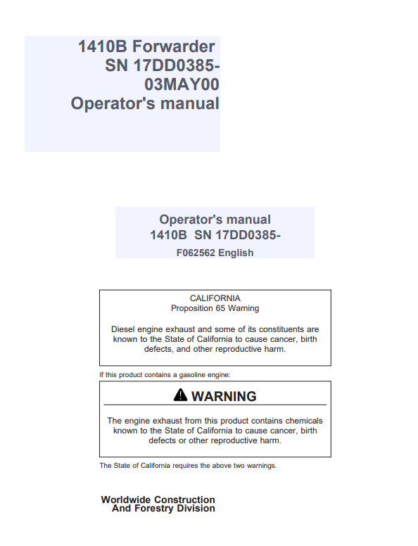 JOHN DEERE 1410B FORWARDER OPERATOR MANUAL F062562