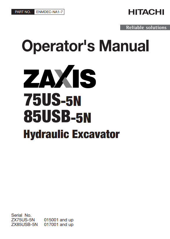 HITACHI ZAXIS 75US-5N, 85USB-5N HYDRAULIC EXCAVATOR OPERATOR MANUAL ENMDECNA17