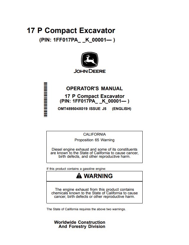 JOHN DEERE 17 P COMPACT EXCAVATOR OPERATOR MANUAL OMT489504X019