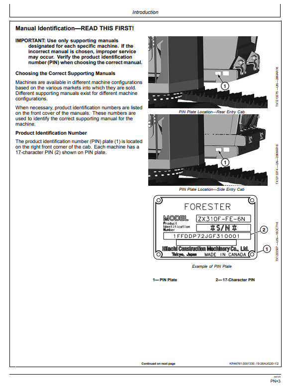 HITACHI ZAXIS 310F-FE-6N FORESTRY EXCAVATOR OPERATOR MANUAL OMT390732X19
