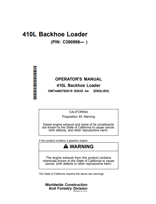 JOHN DEERE 410L BACKHOE LOADER OPERATOR MANUAL OMT446079X019