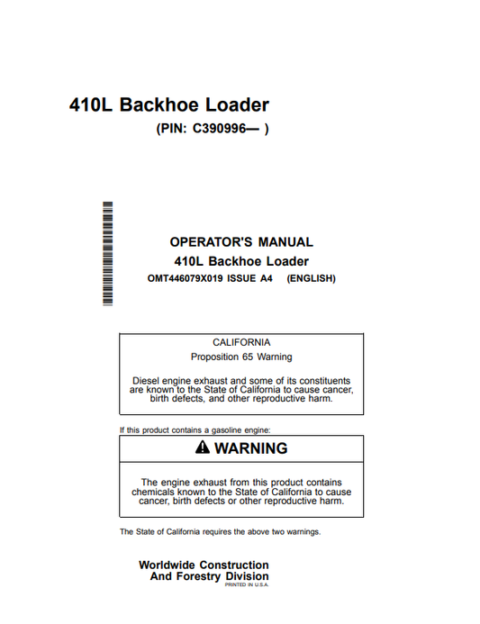 JOHN DEERE 410L BACKHOE LOADER OPERATOR MANUAL OMT446079X019