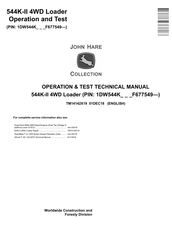 JOHN DEERE 544K-II 4WD LOADER OPERATION AND TEST TECHNICAL MANUAL TM14142X19
