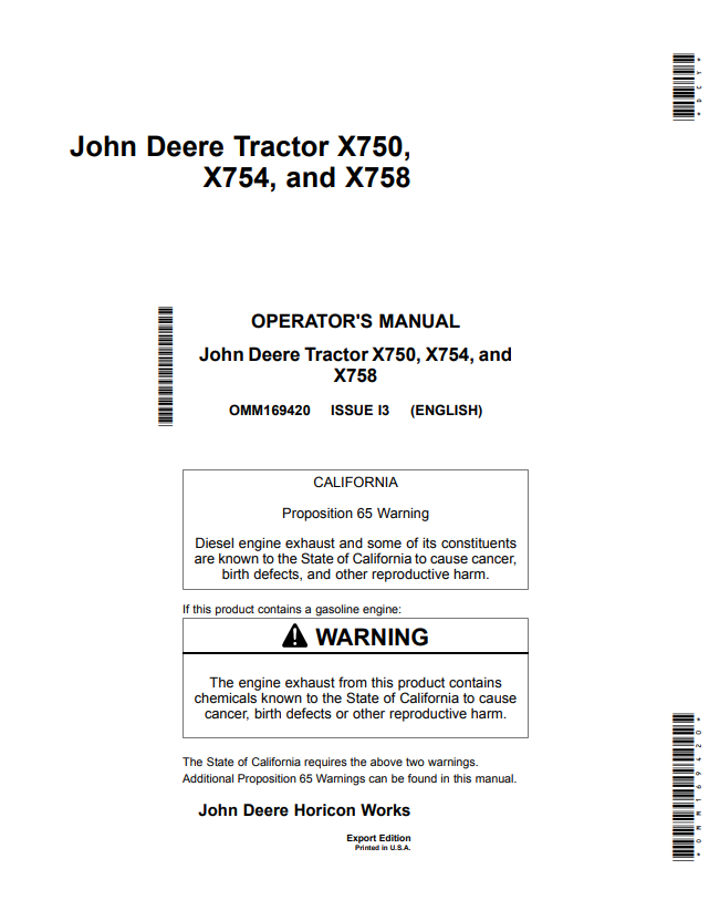 JOHN DEERE X750, X754 AND X758 TRACTOR OPERATOR MANUAL OMM169420