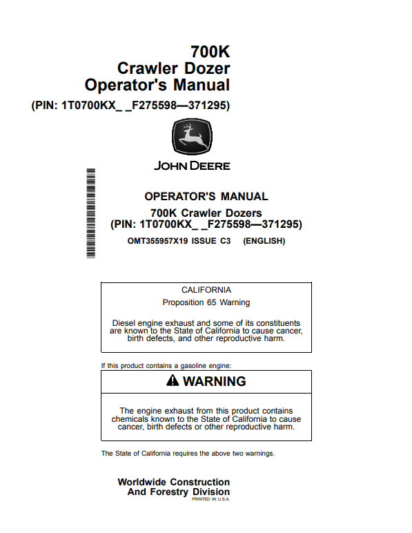 JOHN DEERE 700K CRAWLER DOZER OPERATOR MANUAL OMT355957X19