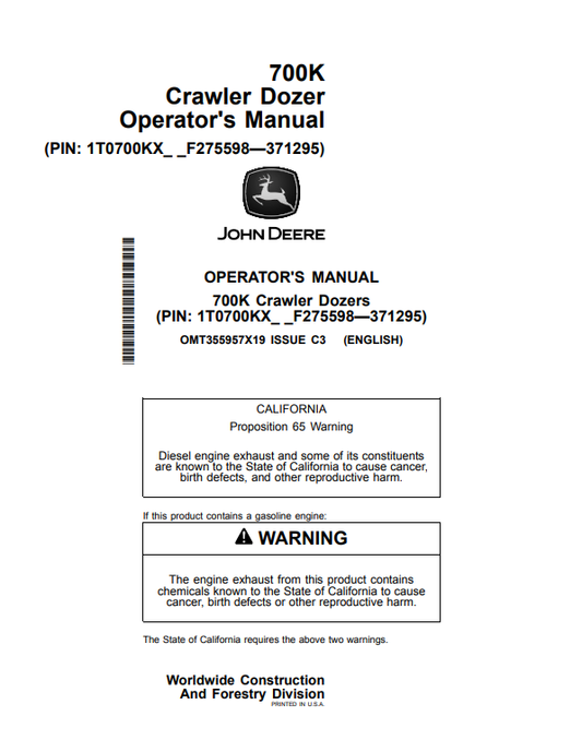 JOHN DEERE 700K CRAWLER DOZER OPERATOR MANUAL OMT355957X19