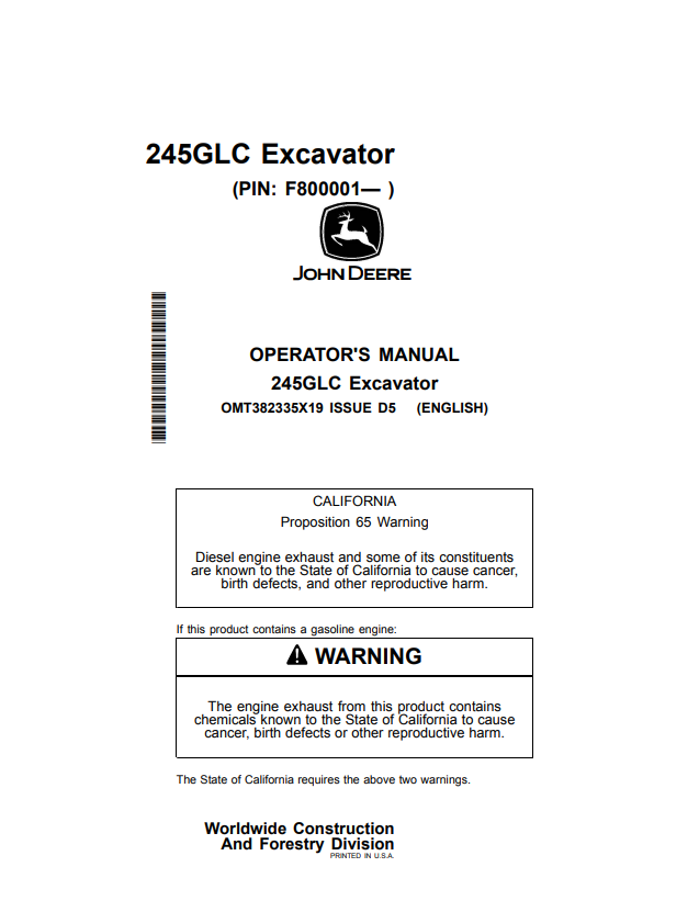JOHN DEERE 245GLC EXCAVATOR OPERATOR MANUAL OMT382335X19