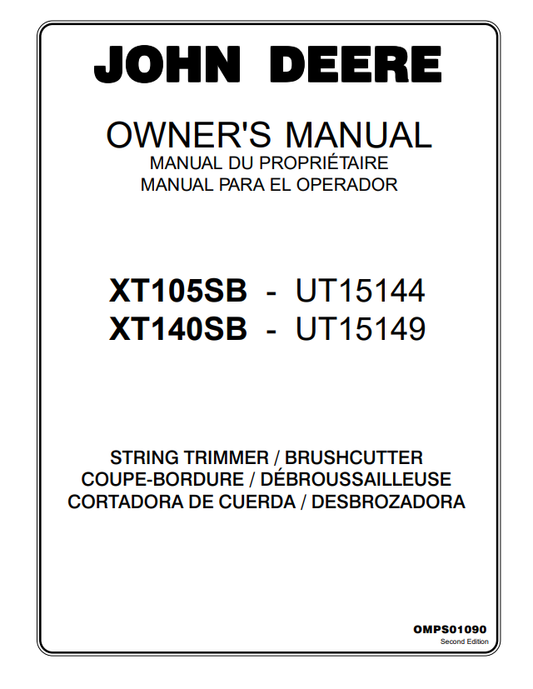 JOHN DEERE XT105SB - UT15144, XT140SB - UT15149 STRING TRIMMER / BRUSHCUTTER OWNER MANUAL OMPS01090