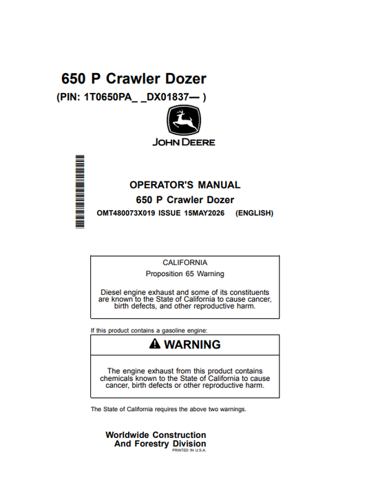 JOHN DEERE 650 P CRAWLER DOZER OPERATOR MANUAL OMT480073X019