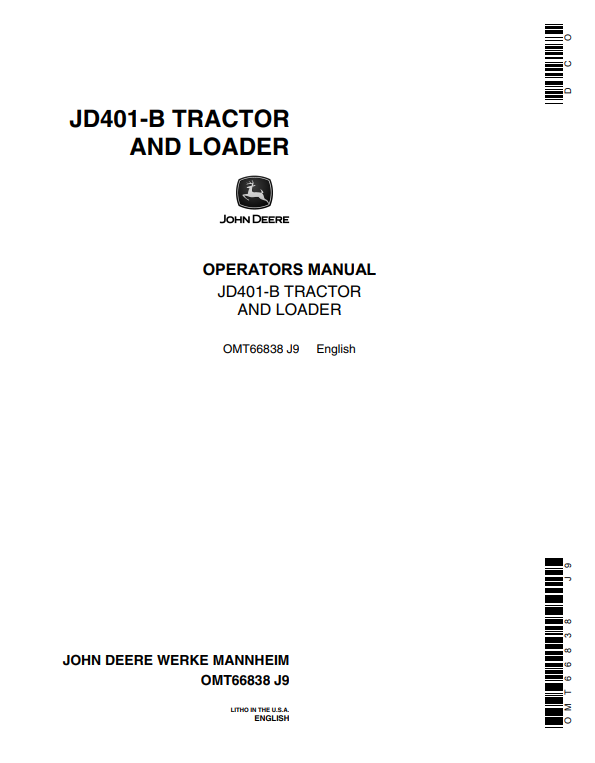 JOHN DEERE JD401-B TRACTOR AND LOADER OPERATOR MANUAL OMT66838