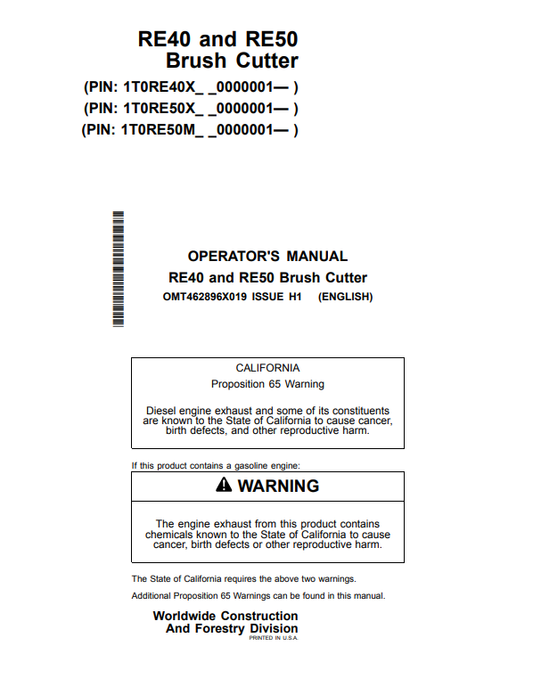 JOHN DEERE RE40 AND RE50 BRUSH CUTTER OPERATOR MANUAL OMT462896X019