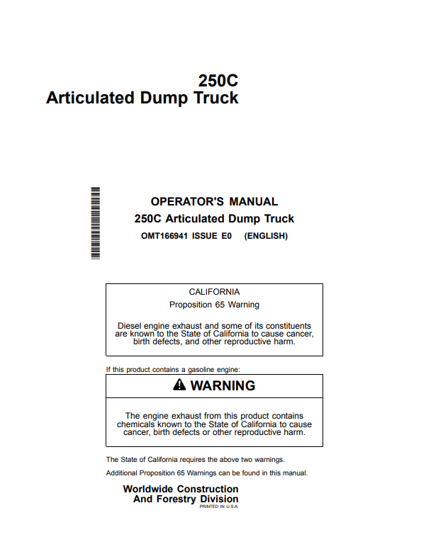 JOHN DEERE 250C ARTICULATED DUMP TRUCK OPERATOR MANUAL OMT166941