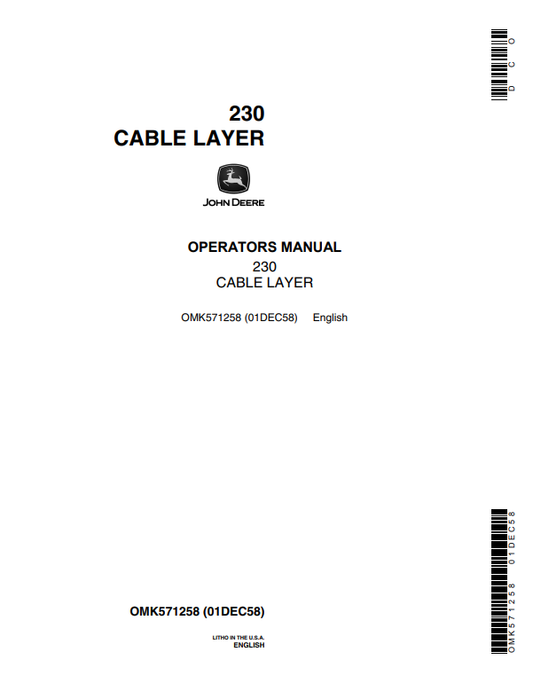 JOHN DEERE 230 CABLE LAYER OPERATOR MANUAL OMK571258
