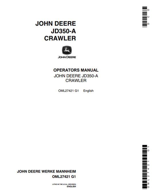 JOHN DEERE JD350-A CRAWLER OPERATOR MANUAL OML27421