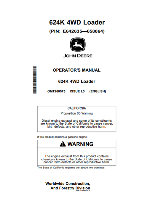 JOHN DEERE 624K 4WD LOADER OPERATOR MANUAL OMT260575