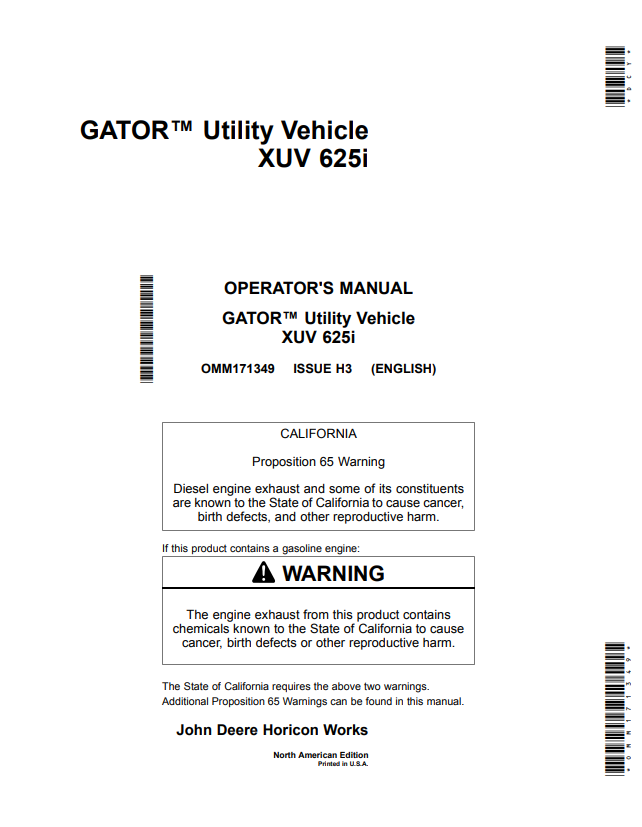 JOHN DEERE GATOR™ UTILITY VEHICLE XUV 625I OPERATOR MANUAL OMM171349