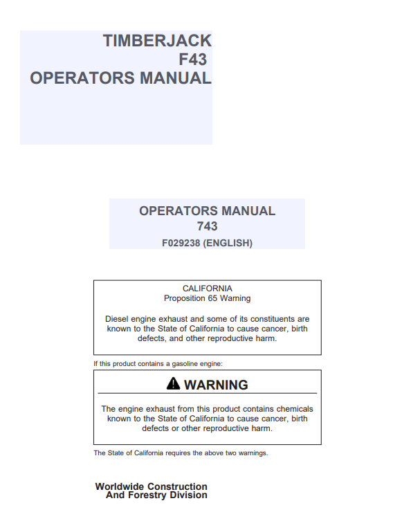 JOHN DEERE TIMBERJACK F43 OPERATOR MANUAL F029238