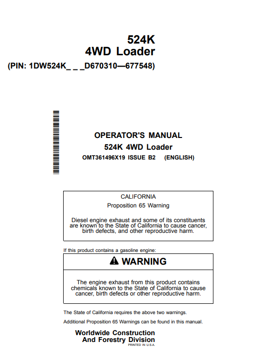 JOHN DEERE 524K 4WD LOADER OPERATOR MANUAL OMT361496X19
