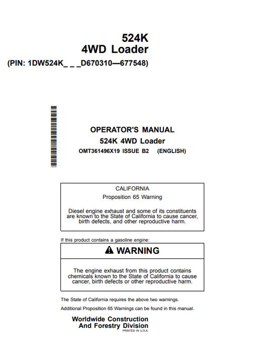 JOHN DEERE 524K 4WD LOADER OPERATOR MANUAL OMT361496X19