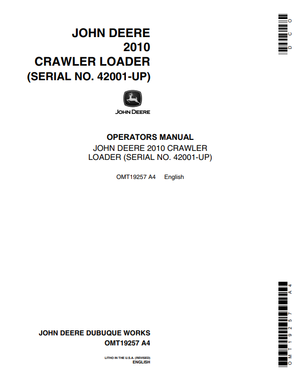 JOHN DEERE 2010 CRAWLER TRACTOR OPERATOR MANUAL OMT19257