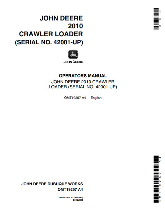 JOHN DEERE 2010 CRAWLER TRACTOR OPERATOR MANUAL OMT19257