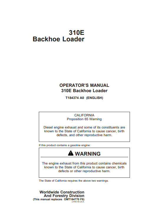JOHN DEERE 310E BACKHOE LOADER OPERATOR MANUAL OMT184374