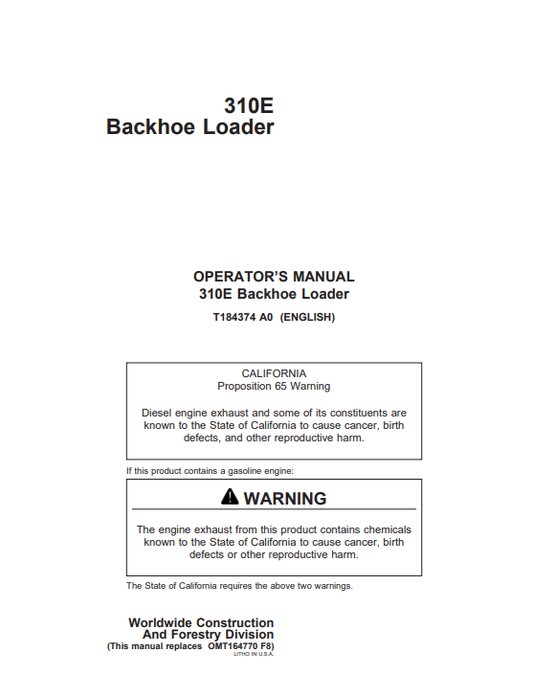JOHN DEERE 310E BACKHOE LOADER OPERATOR MANUAL OMT184374
