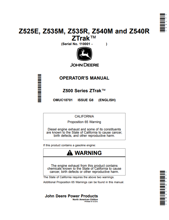 JOHN DEERE Z525E, Z535M, Z535R, Z540M AND Z540R, Z500 SERIES ZTRAK™ OPERATOR MANUAL OMUC18701