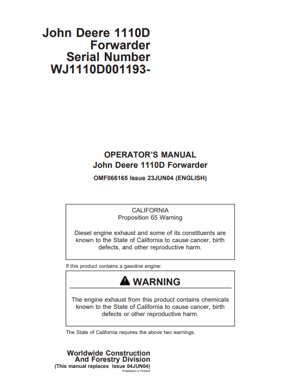 JOHN DEERE 1110D FORWARDER OPERATOR MANUAL OMF066165