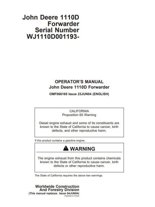 JOHN DEERE 1110D FORWARDER OPERATOR MANUAL OMF066165