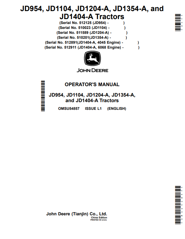 JOHN DEERE JD954, JD1104, JD1204-A, JD1354-A, AND JD1404-A TRACTOR 0PERATOR MANUAL OMSU54857