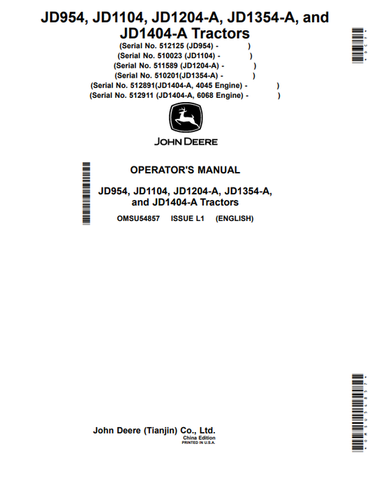 JOHN DEERE JD954, JD1104, JD1204-A, JD1354-A, AND JD1404-A TRACTOR 0PERATOR MANUAL OMSU54857