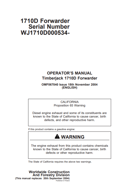 JOHN DEERE 1710D FORWARDER OPERATOR MANUAL OMF067040