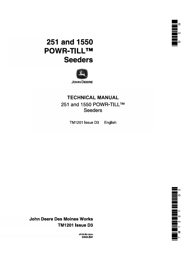 JOHN DEERE 1550 AND 251 POWR-TILL SEEDER TECHNICAL MANUAL TM1201
