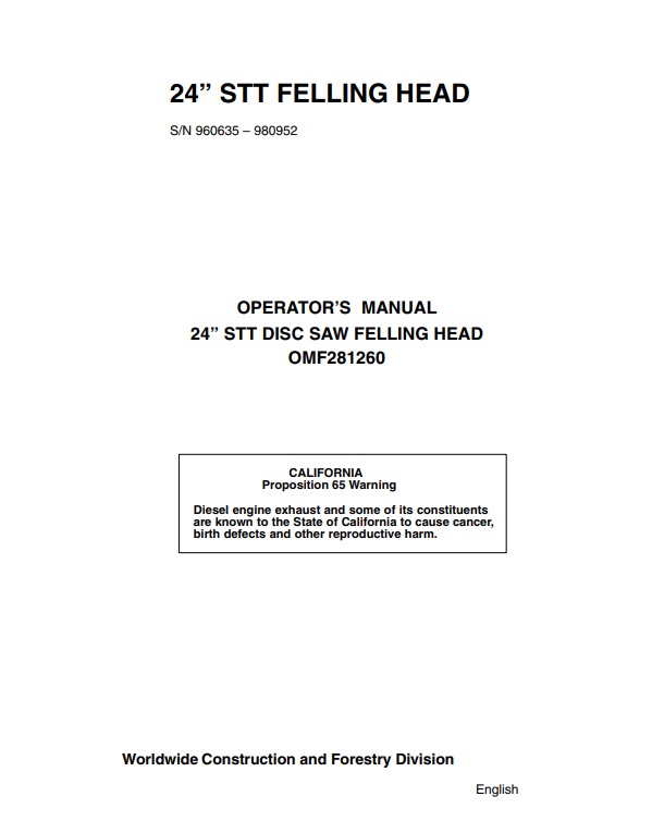 JOHN DEERE 24 STT DISC SAW FELLING HEAD OPERATOR MANUAL OMF281260