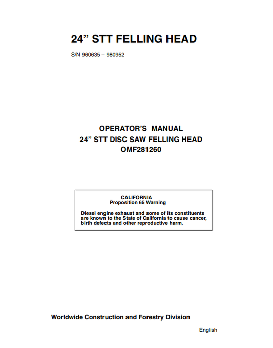 JOHN DEERE 24 STT DISC SAW FELLING HEAD OPERATOR MANUAL OMF281260