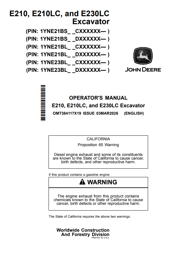 JOHN DEERE E210, E210LC, AND E230LC EXCAVATOR OPERATOR MANUAL OMT384117X19