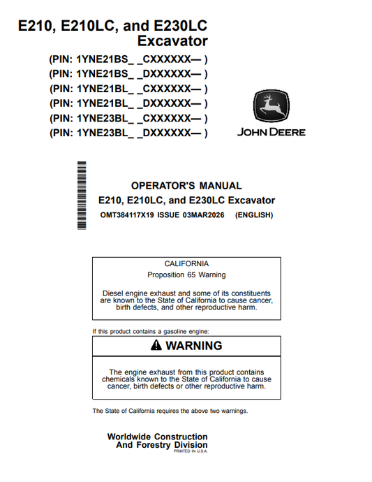 JOHN DEERE E210, E210LC, AND E230LC EXCAVATOR OPERATOR MANUAL OMT384117X19