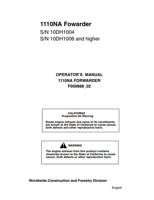 JOHN DEERE 1110NA FOWARDER OPERATOR MANUAL F059888