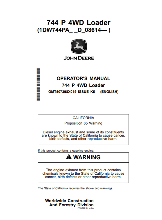 JOHN DEERE 744 P 4WD LOADER OPERATOR MANUAL OMT507398X019