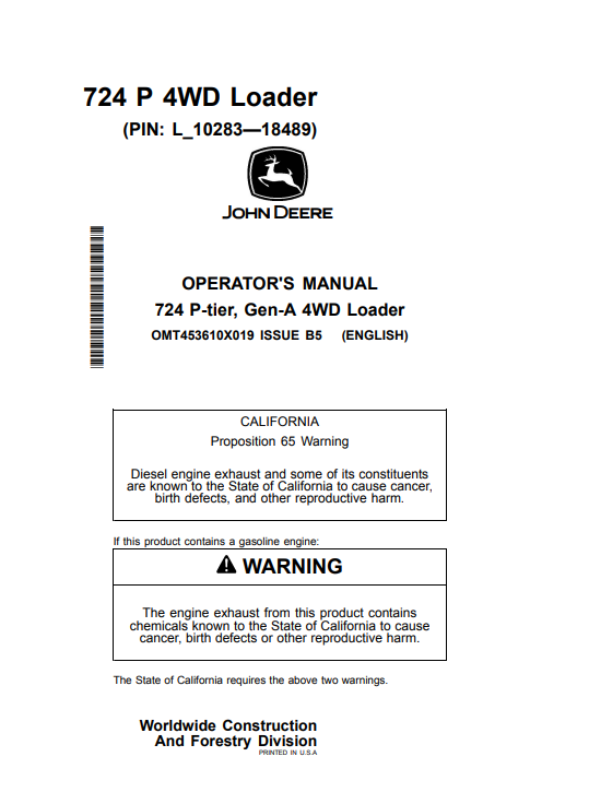 JOHN DEERE 724 P-TIER, GEN-A 4WD LOADER OPERATOR MANUAL OMT453610X019