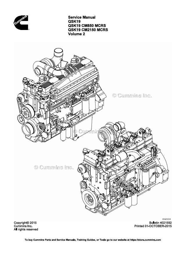 JOHN DEERE CUMMINS ENGINE QSK19, QSK19 CM850, CM2150 MCRS, 4021592-VOL2 SERVICE MANUAL
