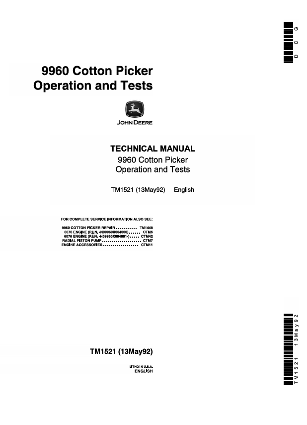 JOHN DEERE 9960 COTTON PICKER OPERATION AND TEST TECHNICAL MANUAL TM1521