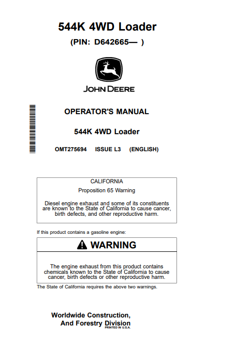 JOHN DEERE 544K 4WD LOADER OPERATOR MANUAL OMT275694