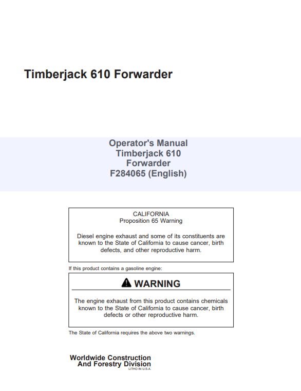 JOHN DEERE TIMBERJACK 610 FORWARDER OPERATOR MANUAL F284065
