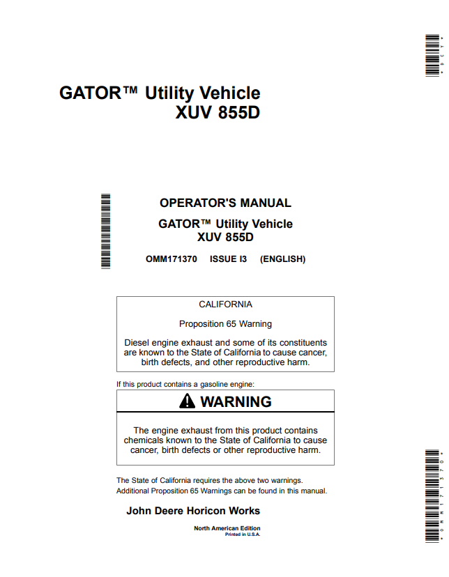 JOHN DEERE GATOR™ UTILITY VEHICLE XUV 855D OPERATOR MANUAL OMM171370