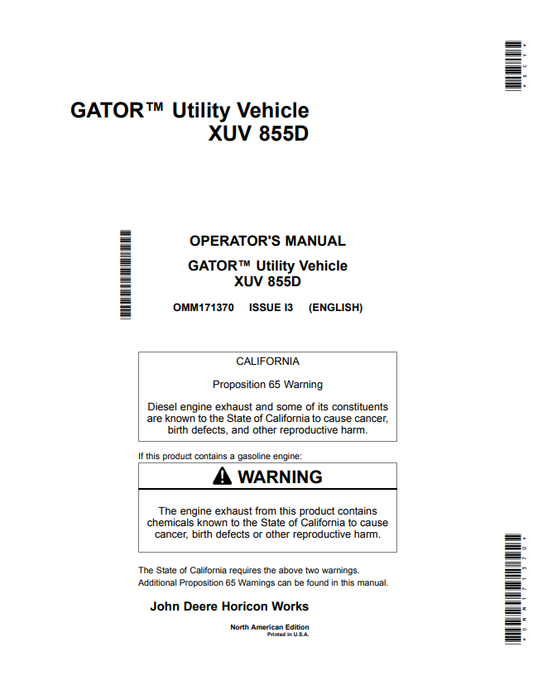 JOHN DEERE GATOR™ UTILITY VEHICLE XUV 855D OPERATOR MANUAL OMM171370