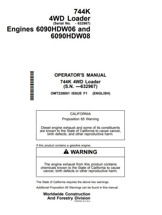 JOHN DEERE 744K 4WD LOADER OPERATOR MANUAL OMT228001