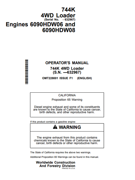 JOHN DEERE 744K 4WD LOADER OPERATOR MANUAL OMT228001