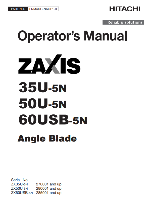 HITACHI ZAXIS 35U-5N, 50U-5N, 60USB-5N ANGLE BLADE OPERATOR MANUAL ENMADGNAOP13